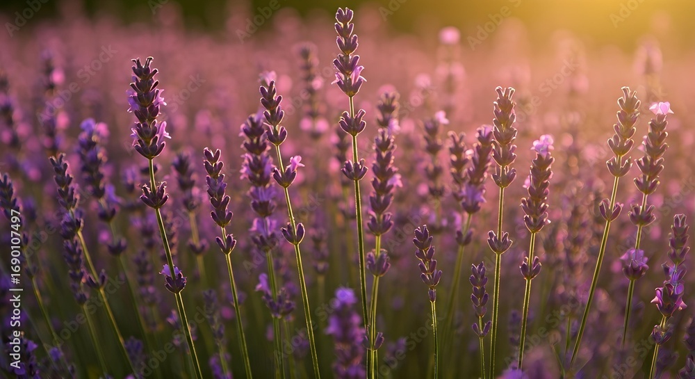 Naklejka premium Lavender Field in Golden Light: Aromatic Purple Bloom