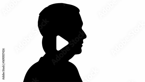 Silhouette of a man's head in profile with a play button overlayed on his neck in black and white color