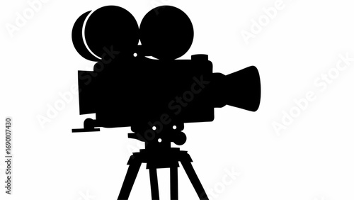 Silhouette of a vintage film camera with twin lenses mounted on a tripod against a white background