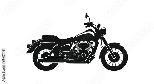 Classic Cruiser Motorcycle Silhouette, Black and White Illustration.