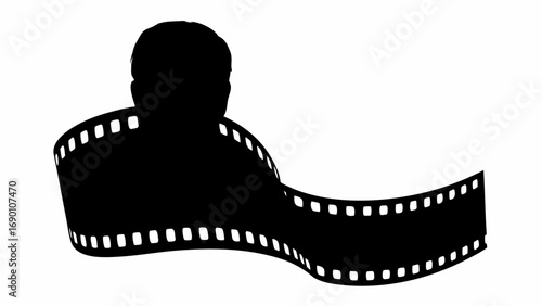Silhouette of a person with a film strip wrapped around them in black and white illustration style image