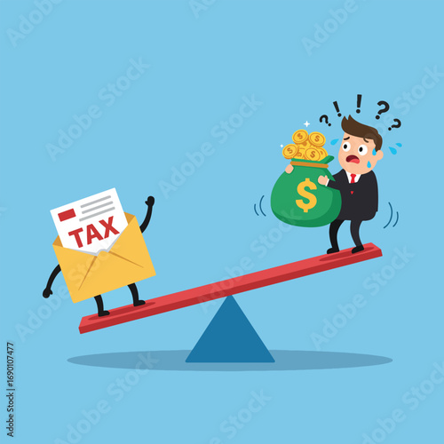 Businessman Struggling with Tax Burden and Money Bag.