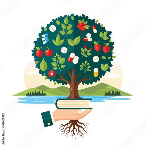 Holistic Health and Natural Medicine Concept with Tree of Knowledge and Pharmaceutical Pills Growing on Branches