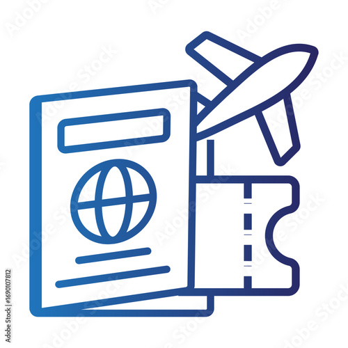 A blue gradient line art icon symbolizing the concept of international air travel, featuring a passport, boarding pass, and airplane for vacation or journey themes
