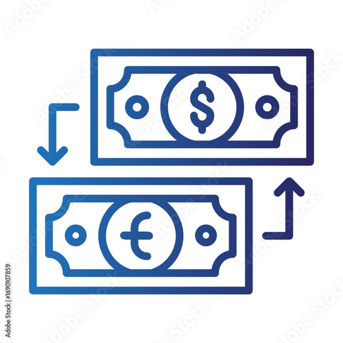 Vector icon illustrating the process of currency exchange, with dollar and euro symbols on banknotes for financial transactions