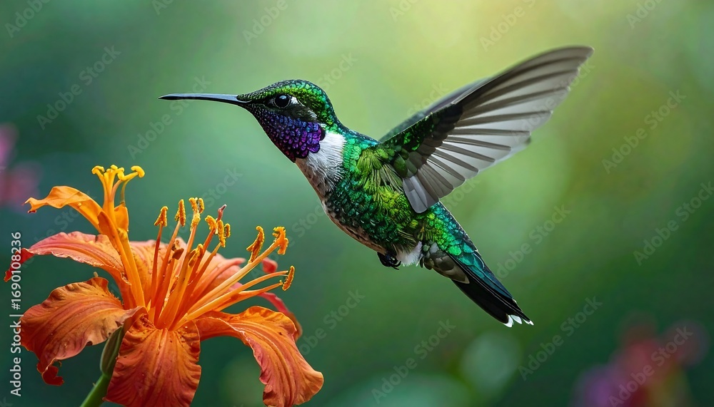 Fototapeta premium Vibrant hummingbird hovering near orange flower in garden