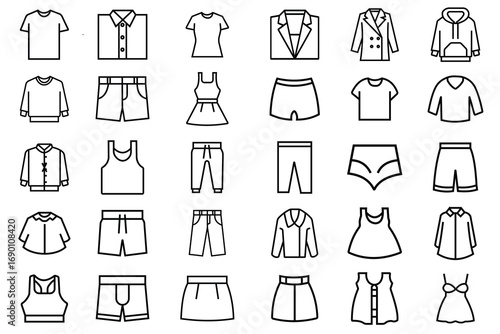  Clothing icons  set .  Contains such Icons as T-shirt, jacket, dress, and more  Trendsetting Designs . illustration vector. 