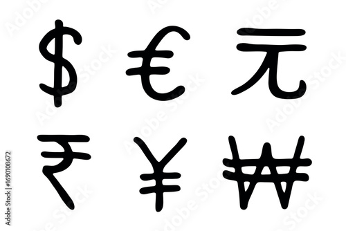 Hand drawn multiple currencies symbol set Dollar euro yuan yen won rupee