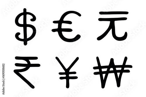 Hand drawn multiple currencies symbol set Dollar euro yuan yen won rupee