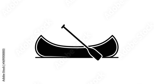 Simple black silhouette icon of a classic canoe with a single paddle resting across it.