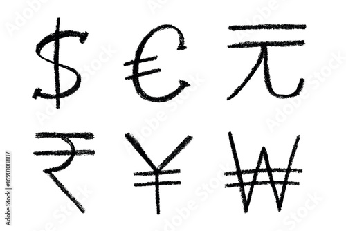 Hand drawn multiple currencies symbol set Dollar euro yuan yen won rupee