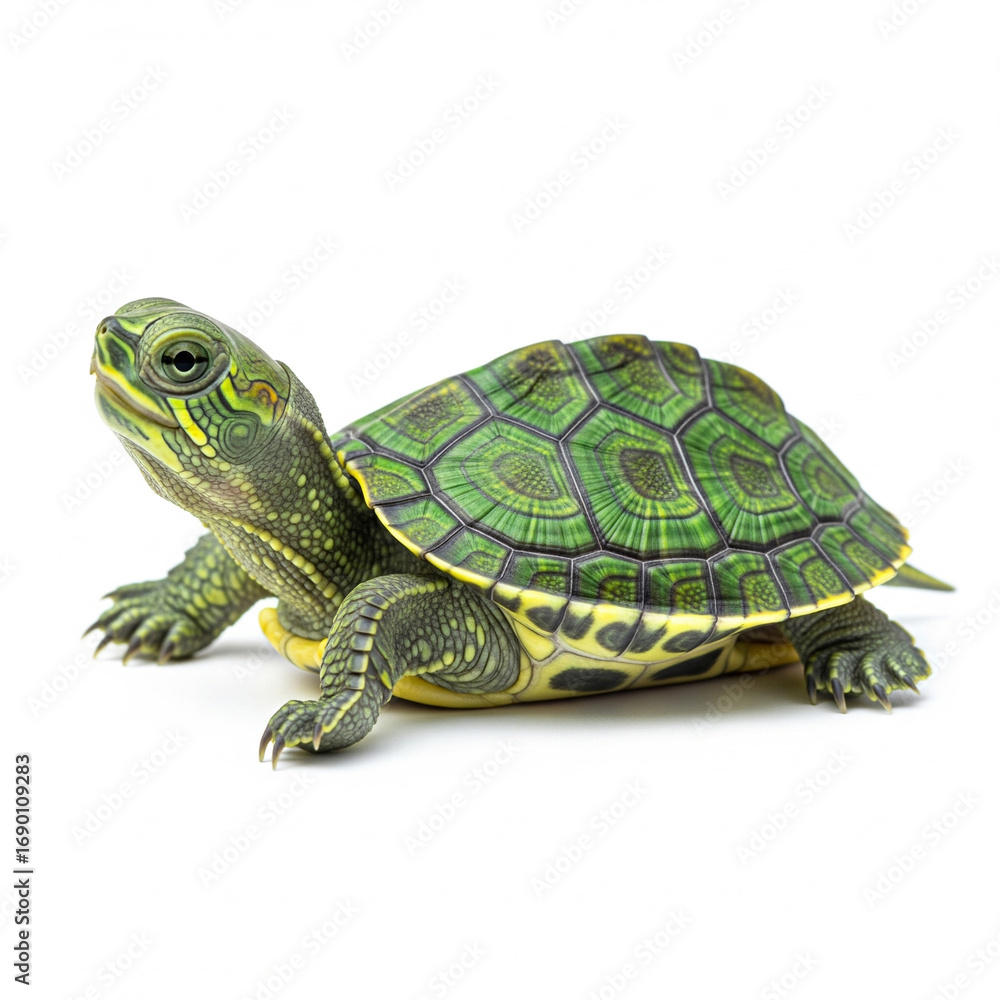 Fototapeta premium A Detailed Studio Shot of a Green Turtle with Yellow Stripes on a White Background