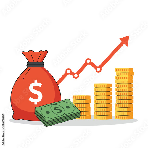Growing Money Bag and Financial Growth Chart.