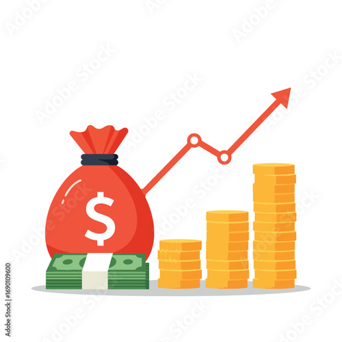 Money Bag and Growing Stack of Coins with Upward Trend Graph.