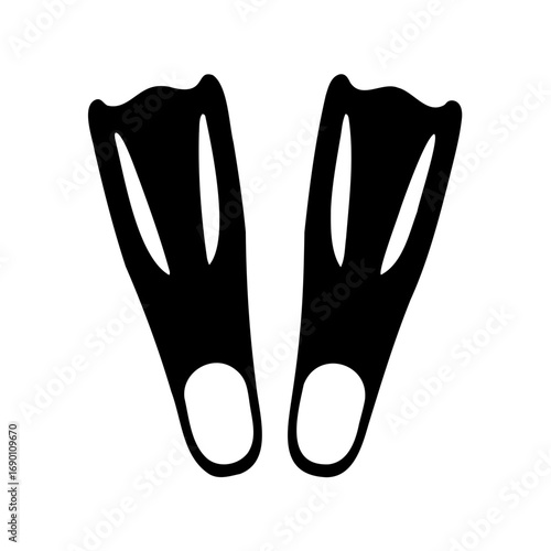Two black flippers for swimming isolated on a white background silhouette