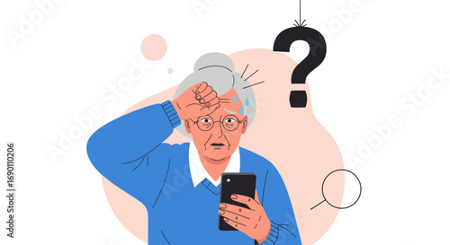 Confused elderly woman holding a smartphone and touching her forehead with a large question mark hovering above her head illustrating memory loss