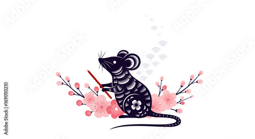 Adorable black rat drumming amidst blooming cherry blossoms symbolizing chinese new year festivities