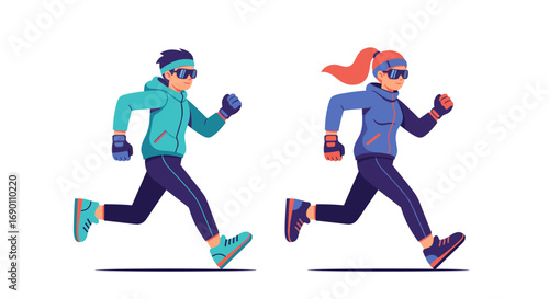 Active male and female athletes running outdoors wearing warm athletic clothing and sports accessories enjoying healthy lifestyle activities