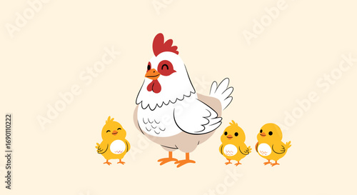 Adorable mother hen carefully watching her three cute chicks in a farm setting