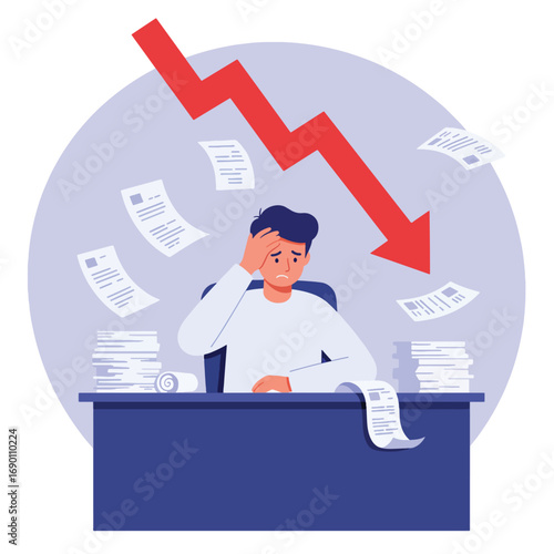 Stressed Businessman Facing Financial Crisis and Falling Stocks.