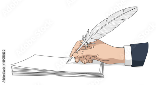 A writer's hand holding a quill pen preparing to write on a stack of paper with a white background