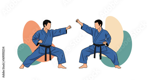 Two karate practitioners demonstrate offensive and defensive martial arts stances in a stylized illustration