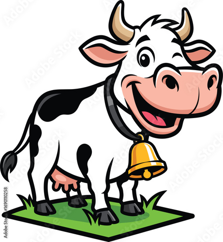 Cute Cow Icon Clipart with Bell and Grass Vector Isolated on White Background