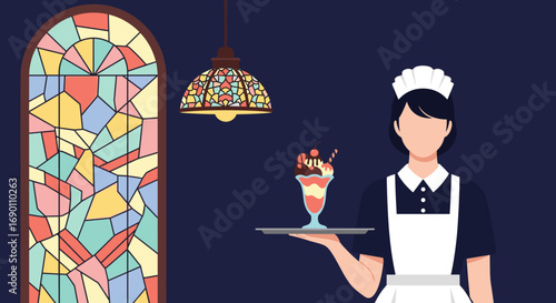 A charming waitress in a classic cafe presents a delightful dessert under a stained glass window