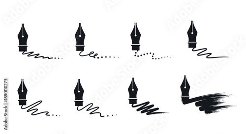Collection of stylized fountain pen nib icons demonstrating ink strokes and writing variations