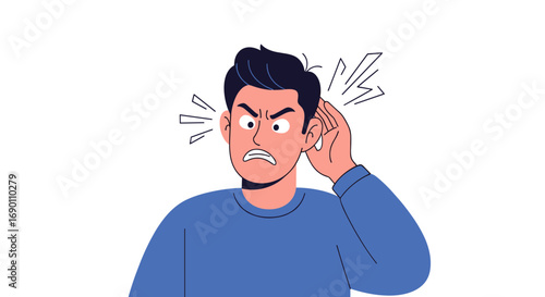 Frustrated man holding his ear trying to listen to loud noise and feeling annoyed