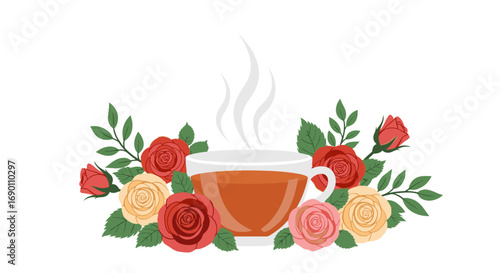 A steaming cup of hot tea surrounded by beautiful blooming roses and green leaves