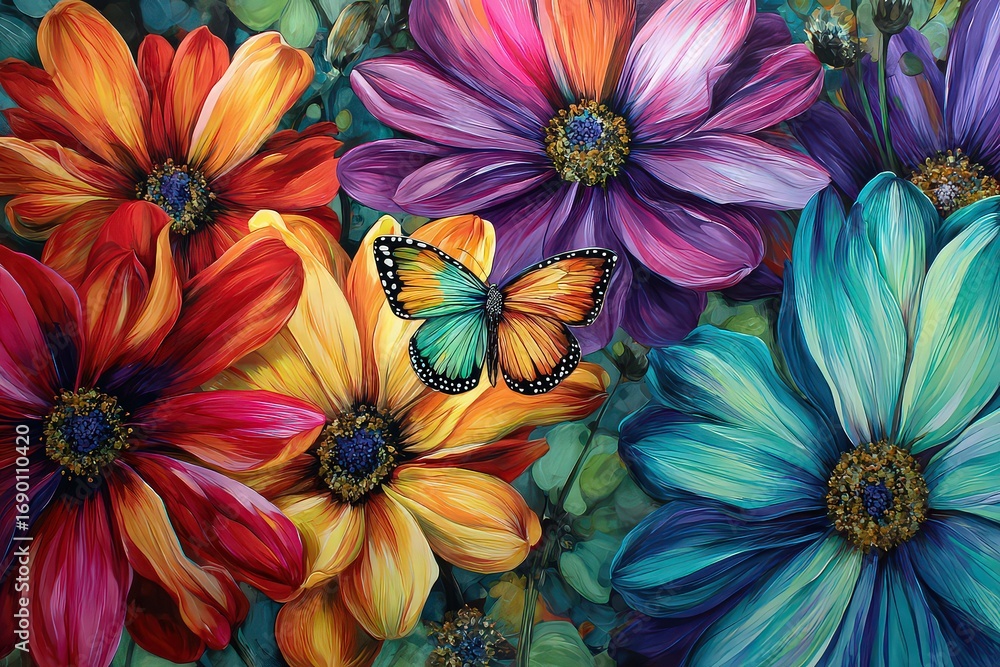 Naklejka premium Vibrant Colorful Flowers And Butterfly Painting