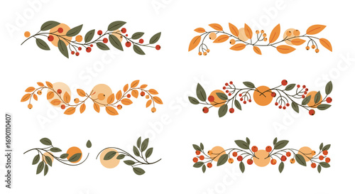 Beautiful autumn leafy branch accents with berries and circles for decorative use
