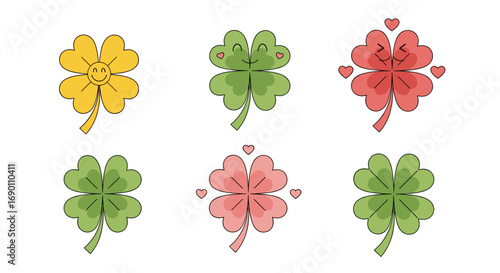 Set of hand drawn lucky four leaf clovers with hearts and sunshine symbols celebrating good fortune and happiness