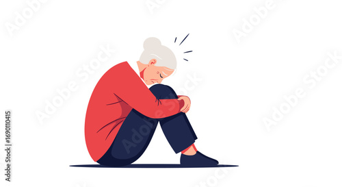 Elderly woman with gray hair curled up in a ball appearing sad and distressed isolated on white background