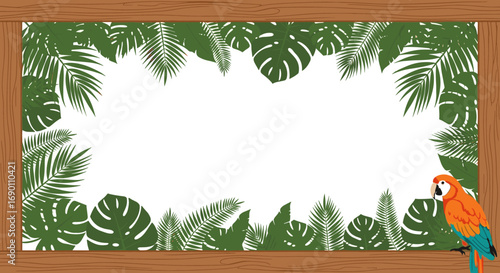 Tropical parrot perched amidst lush green jungle foliage border on wooden frame background