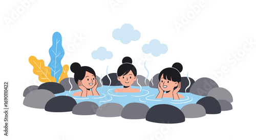 Three happy women enjoying a relaxing dip in a serene outdoor hot spring bath surrounded by natural rocks and lush greenery