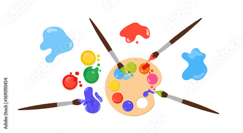 Artistic palette with brushes and vibrant splashes of colors for creative expression