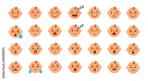 Collection of adorable baby faces expressing a wide range of emotions and feelings illustrated