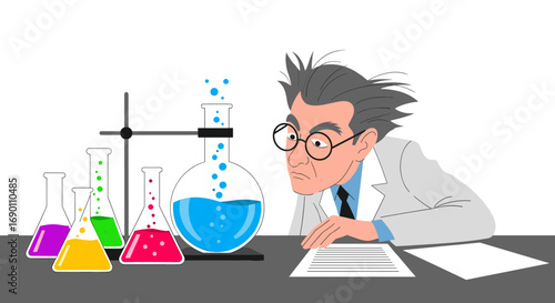 Mad scientist experiments with colorful liquids and bubbling flasks on laboratory table