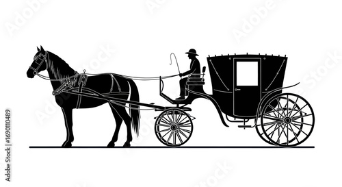 Silhouette of a Horse-Drawn Carriage with Driver, Classic Transportation.