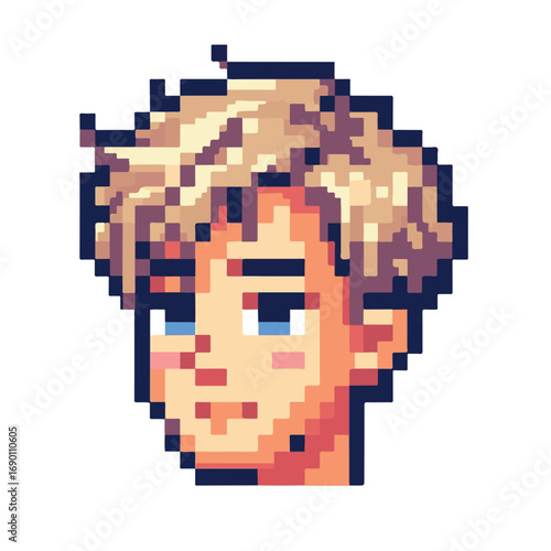 Pixel art character portrait of a young man's face with messy blonde hair. Retro 8-bit style avatar icon for a game or profile