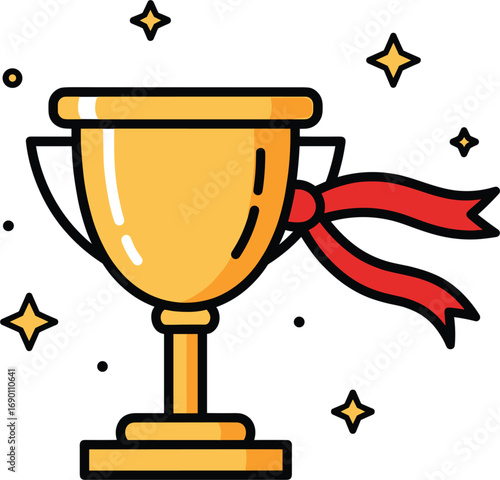 Flat Vector Trophy Icon with Ribbon and Stars 