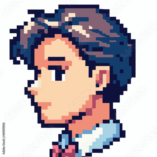 Pixel art portrait of a young man's head in profile view. Retro 8-bit style video game character sprite or avatar with dark spiky hair