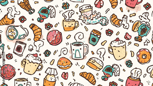 Cute doodle style seamless pattern of bakery treats and coffee mugs, whimsical café vector, Ai generate 