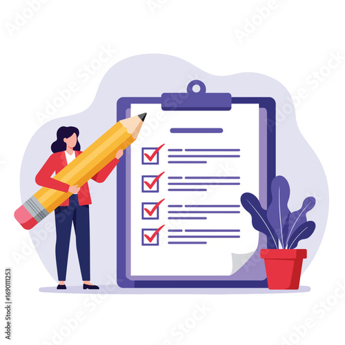 Woman with Giant Pencil and Checklist.