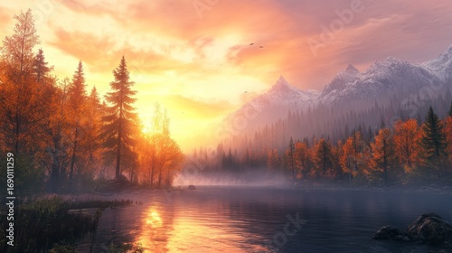 Misty Morning Sunrise Over Autumnal Forest and Mountain Peaks