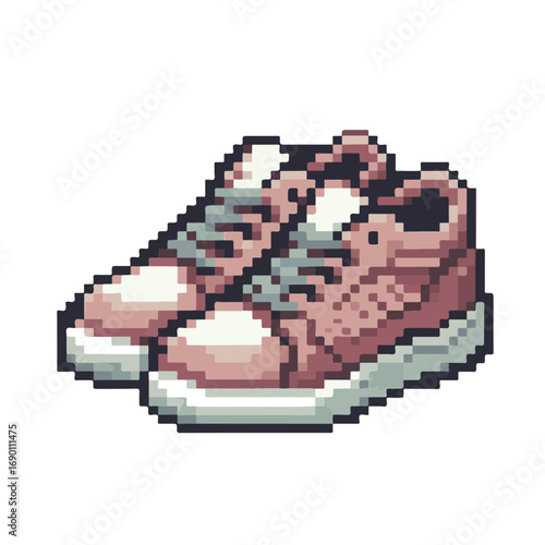 A detailed pixelated illustration of a pair of fashionable pink sneakers, representing retro gaming culture and casual footwear