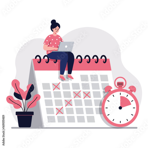 Woman Working on Laptop on Calendar with Stopwatch