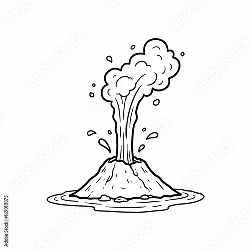 Cartoon illustration of a volcano erupting with smoke and lava, surrounded by water.
